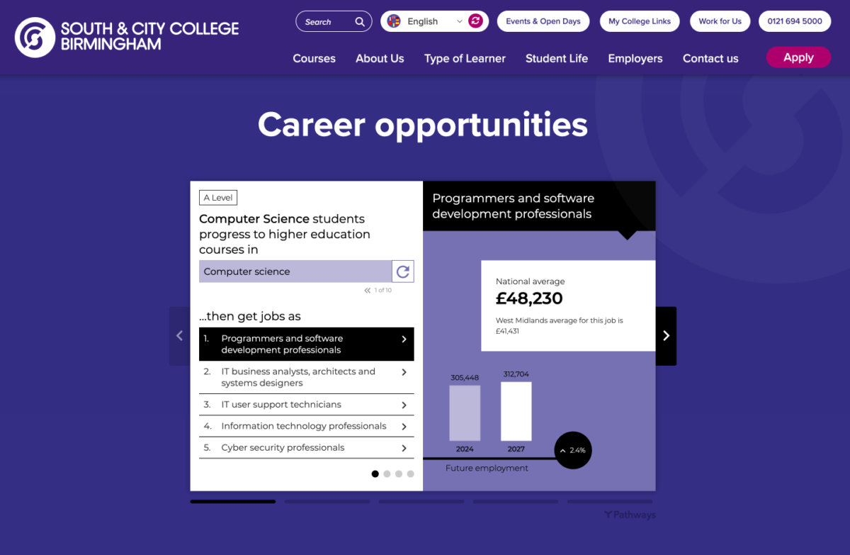 Pathways One showing careers information for A level computer science course in South and City College website